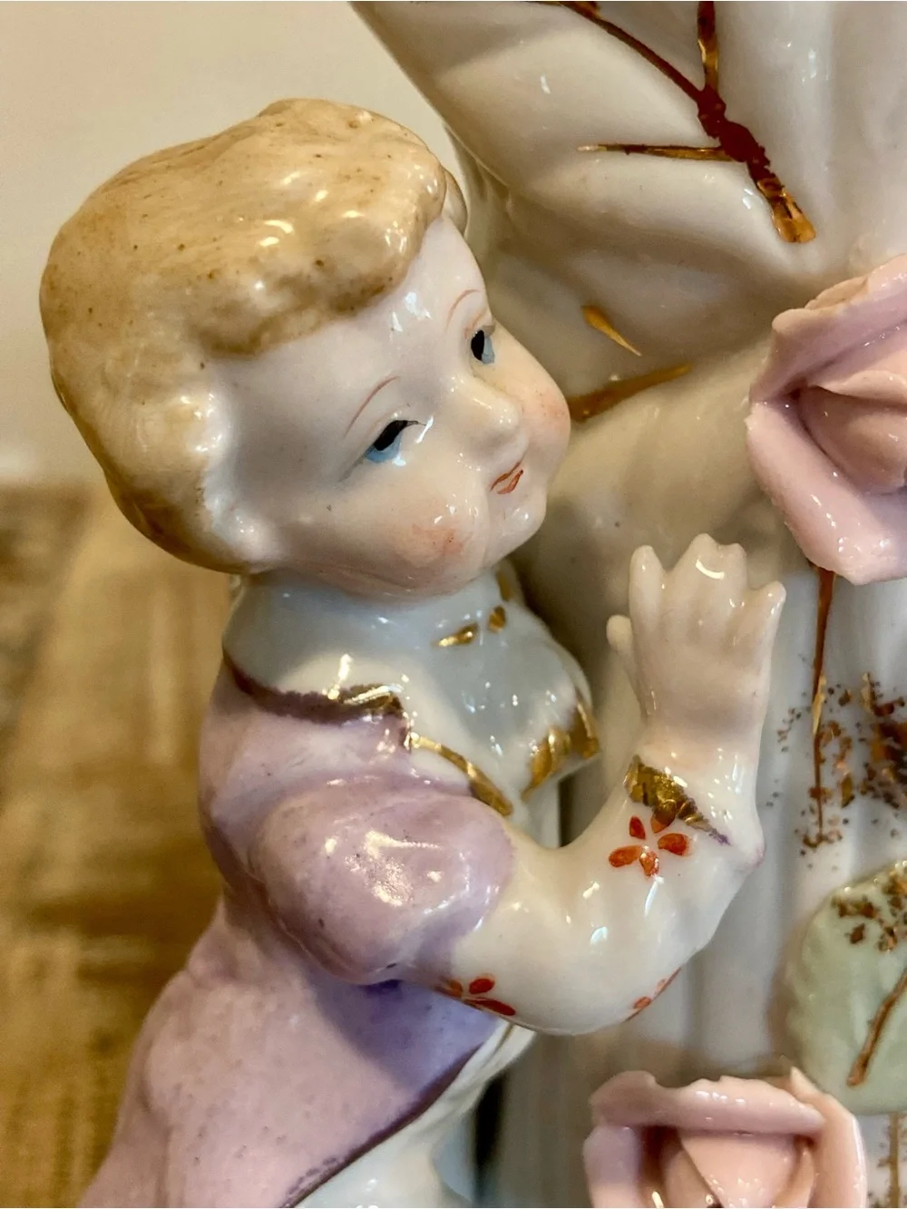 Pair of Boy & Girl Floral Mantel Vases in White & Gold Roses